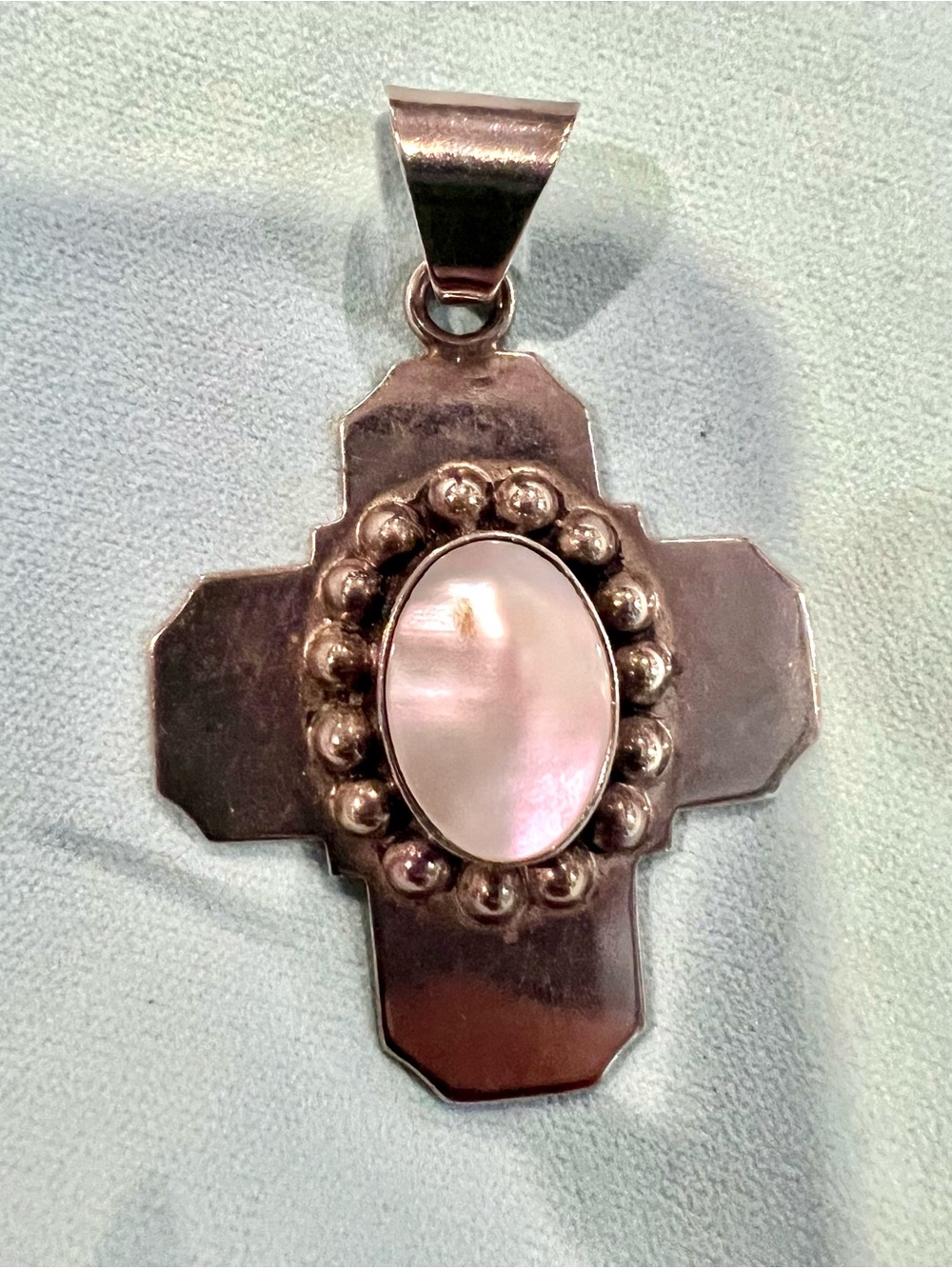 Taxco Mexican Sterling Silver Cross Pendant with Mother-of-Pearl Cabochon